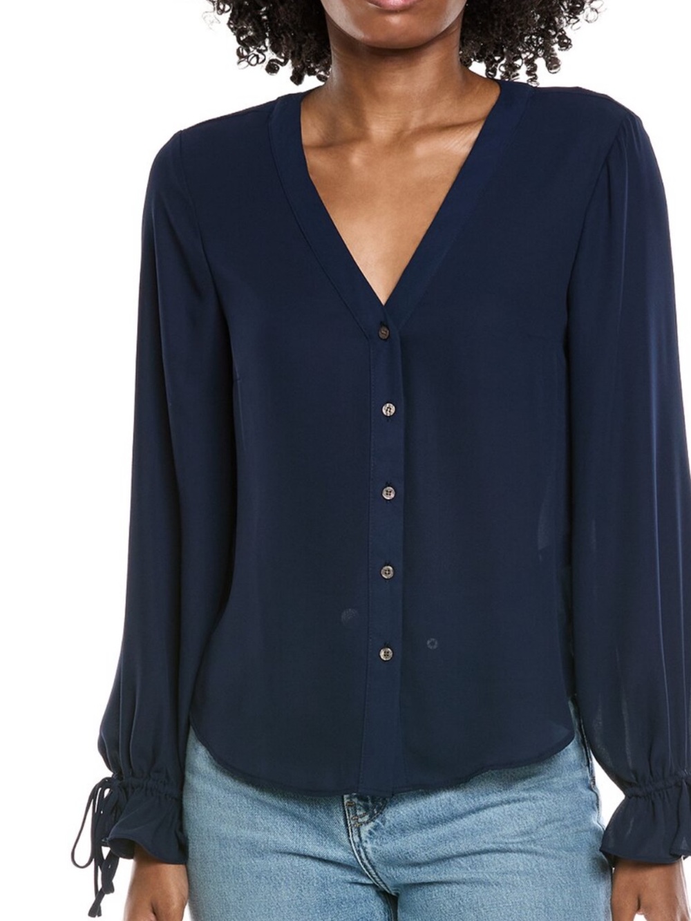 CeCe Navy V-Neck Button-Front Long Sleeve Blouse